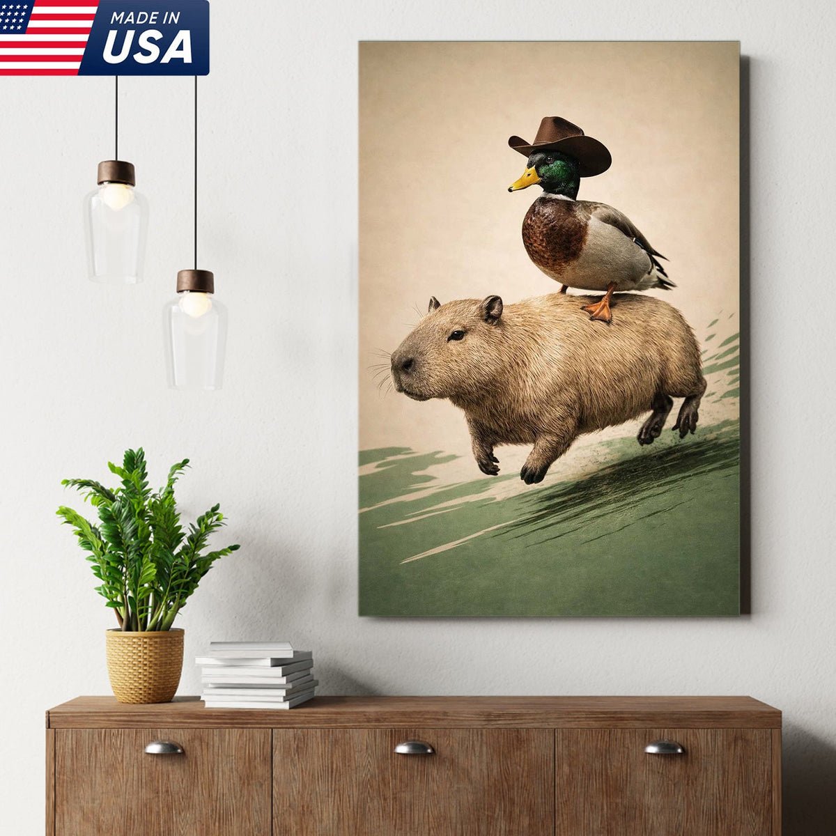 Whimsical Cowboy Duck Riding Capybara Canvas Wall Art, Surreal Animal Adventure Painting
