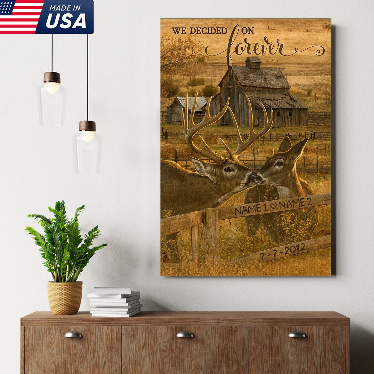 Rustic Deer Couple Canvas Art – Personalized Farmhouse Buck & Doe Kissing Scene