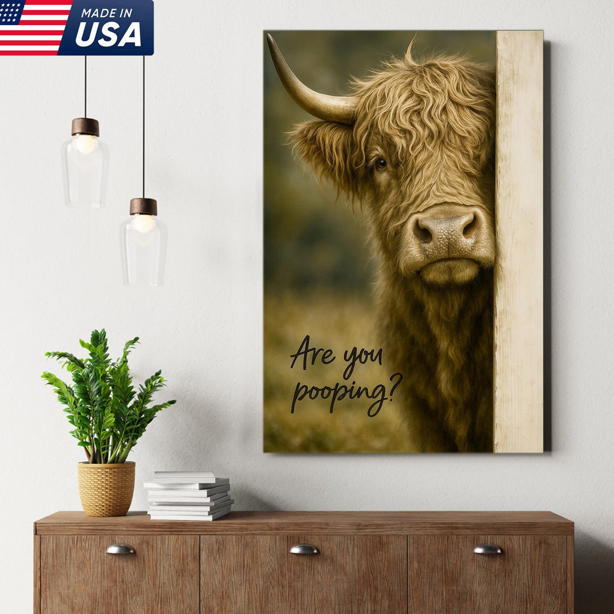 Highland Cow Bathroom Wall Art, Funny “Are You Pooping?” Farmhouse Canvas