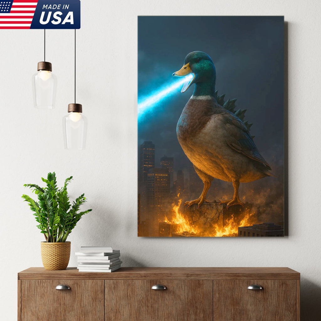 Duckzilla Canvas – Epic Monster Duck Breathing Blue Fire Over City, Funny Kaiju Parody Wall Art