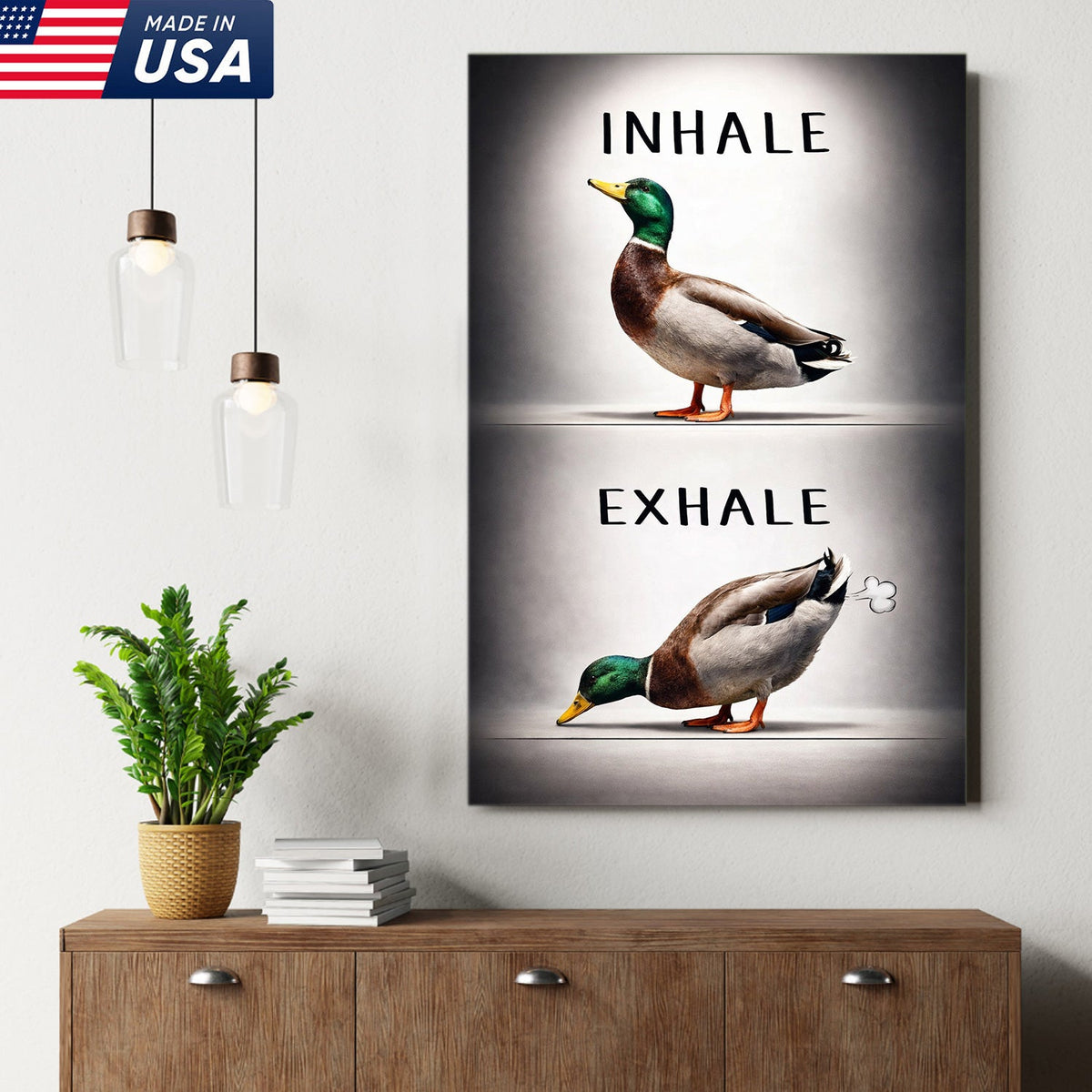 Inhale Exhale Duck Canvas Print – Funny Bathroom Wall Art – Duck Meme Decor