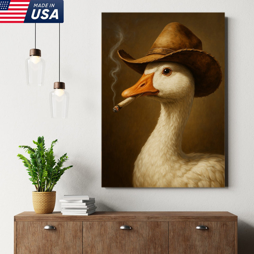 Cowboy Duck Canvas Wall Art – Funny Rustic Decor for Hunters & Man Cave