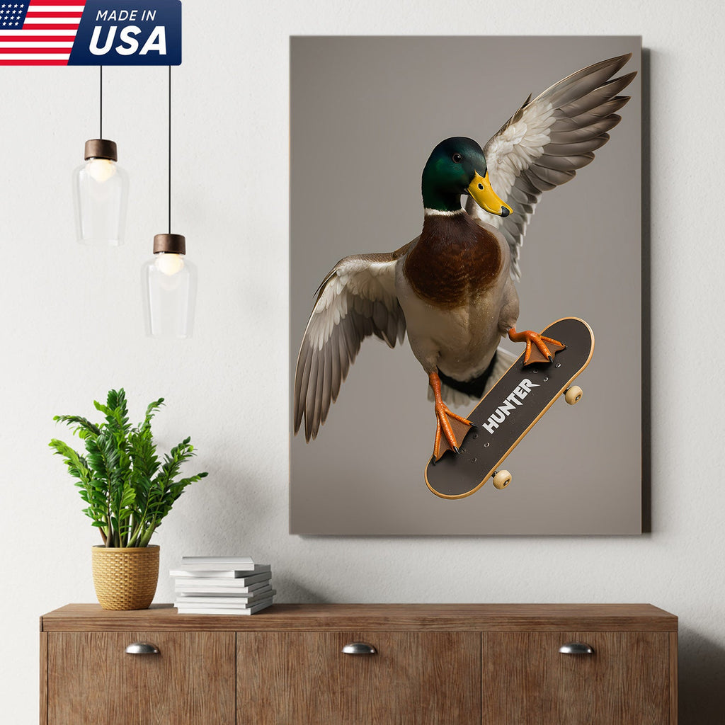 Funny Skater Duck Canvas, Cool Mallard Wall Art, Humorous Bird Lover Decor for Man Cave