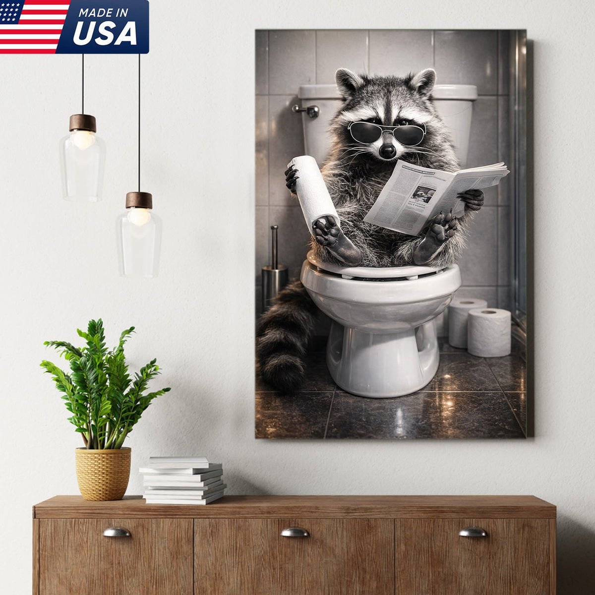 Raccoon Bathroom Humor Canvas – Funny Toilet Reading Wall Art for Restroom Decor