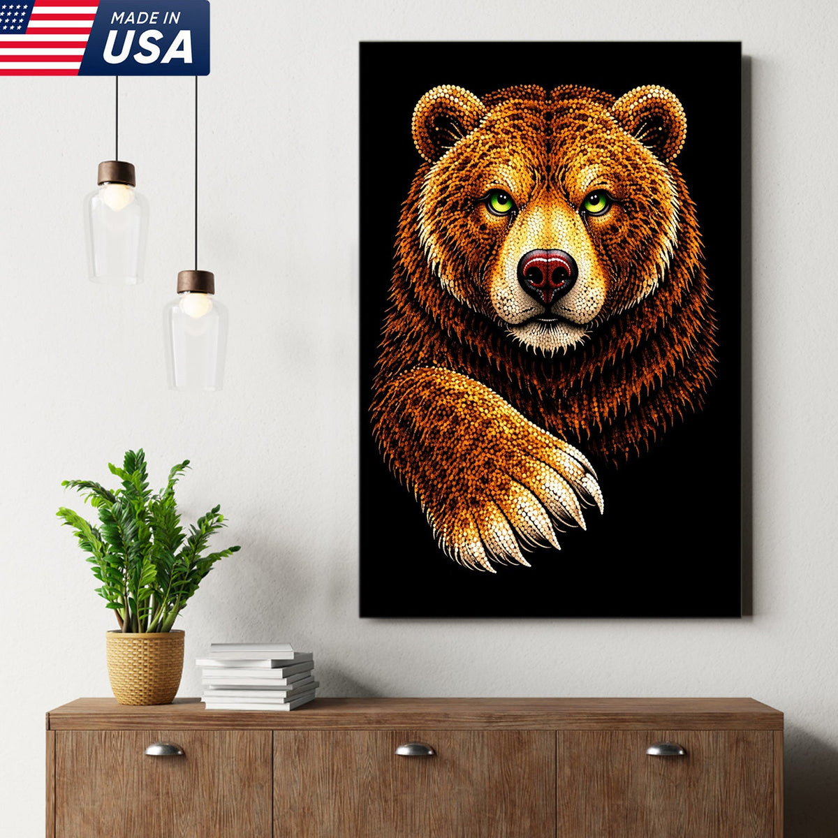 Golden Bear Portrait Canvas Wall Art – Majestic Wildlife Animal Print with Black Background