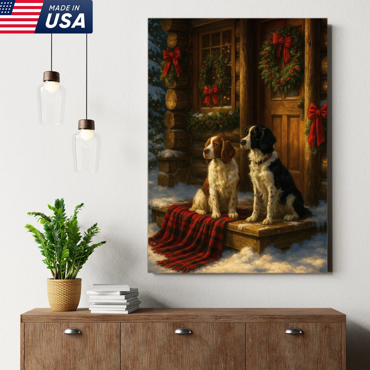 Christmas Dogs Canvas Wall Art, Winter Cabin Decor, Holiday Dog Print