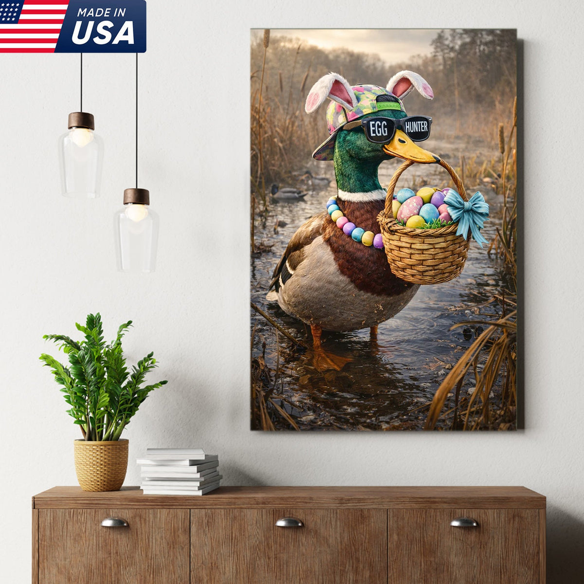 Funny Easter Duck Canvas Wall Art, Egg Hunter Mallard with Basket Portrait
