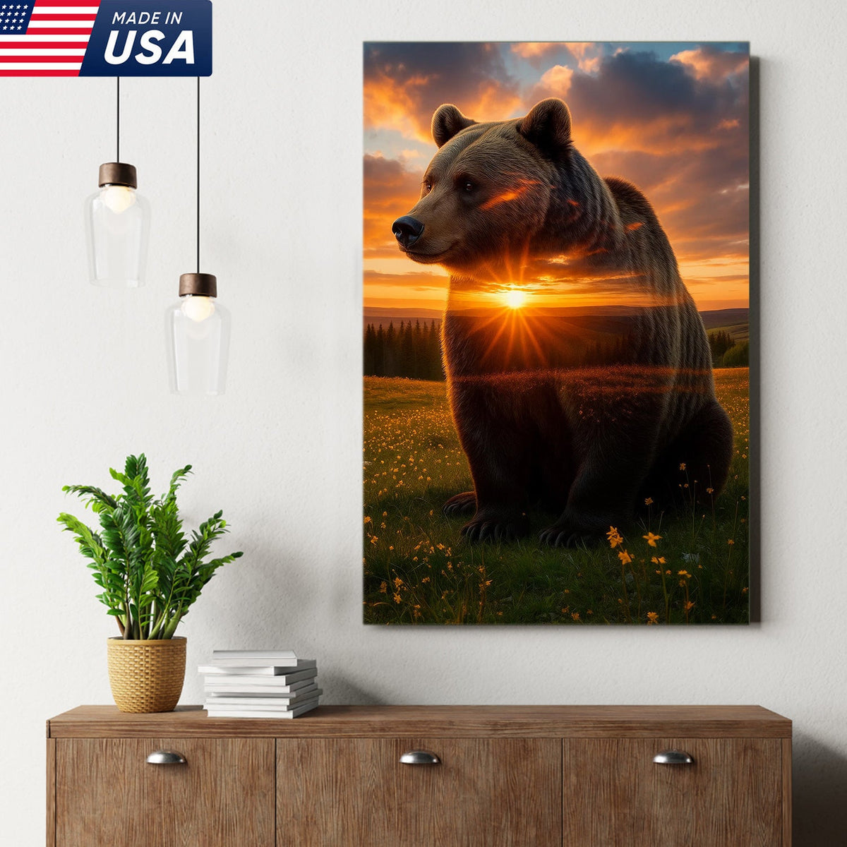 Sunset Bear Canvas Wall Art, Majestic Brown Bear Nature Landscape Print