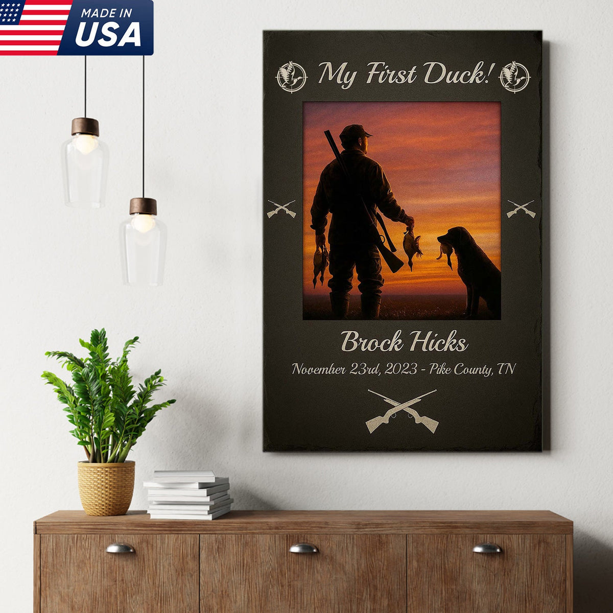 Custom My First Duck Wall Art Canvas, Personalized Duck Hunting Sunset with Dog