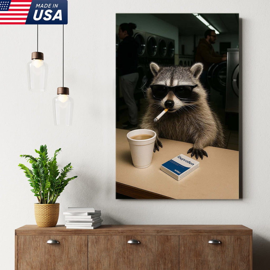Cool Raccoon Laundromat Canvas Wall Art, Funny Coffee Drinking Raccoon Print