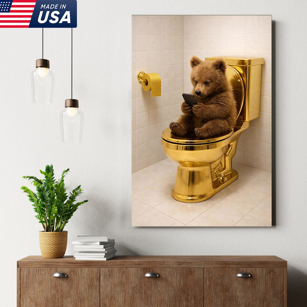 Funny Bear on Golden Toilet Canvas Wall Art, Cute Animal Bathroom Humor Illustration