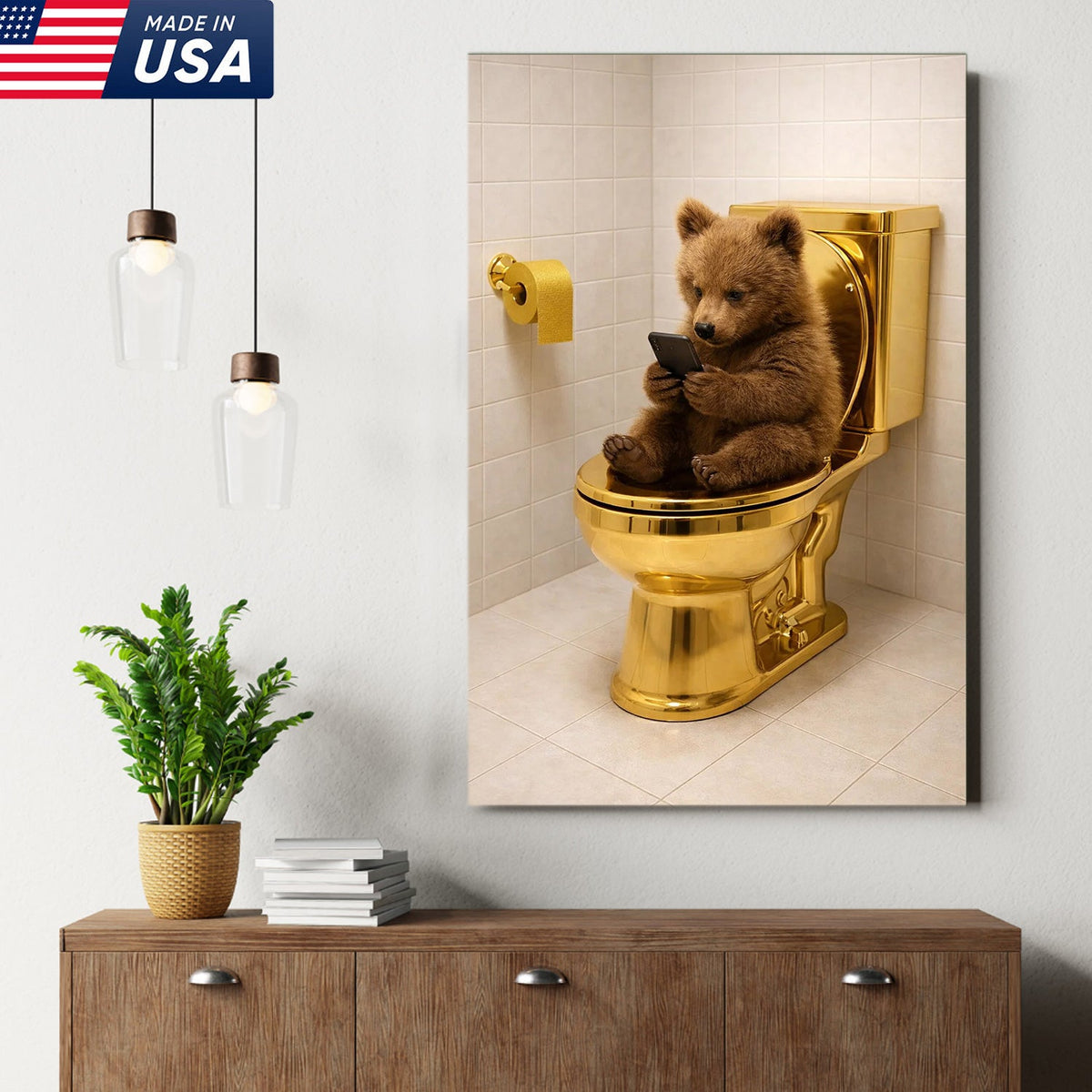 Funny Bear on Golden Toilet Canvas Wall Art, Cute Animal Bathroom Humor Illustration