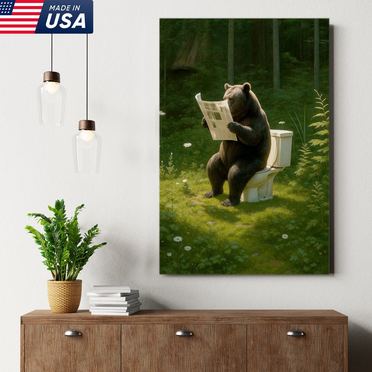 Bear on Toilet Reading Newspaper Canvas Wall Art, Funny Bathroom Decor for Cabin & Lodge