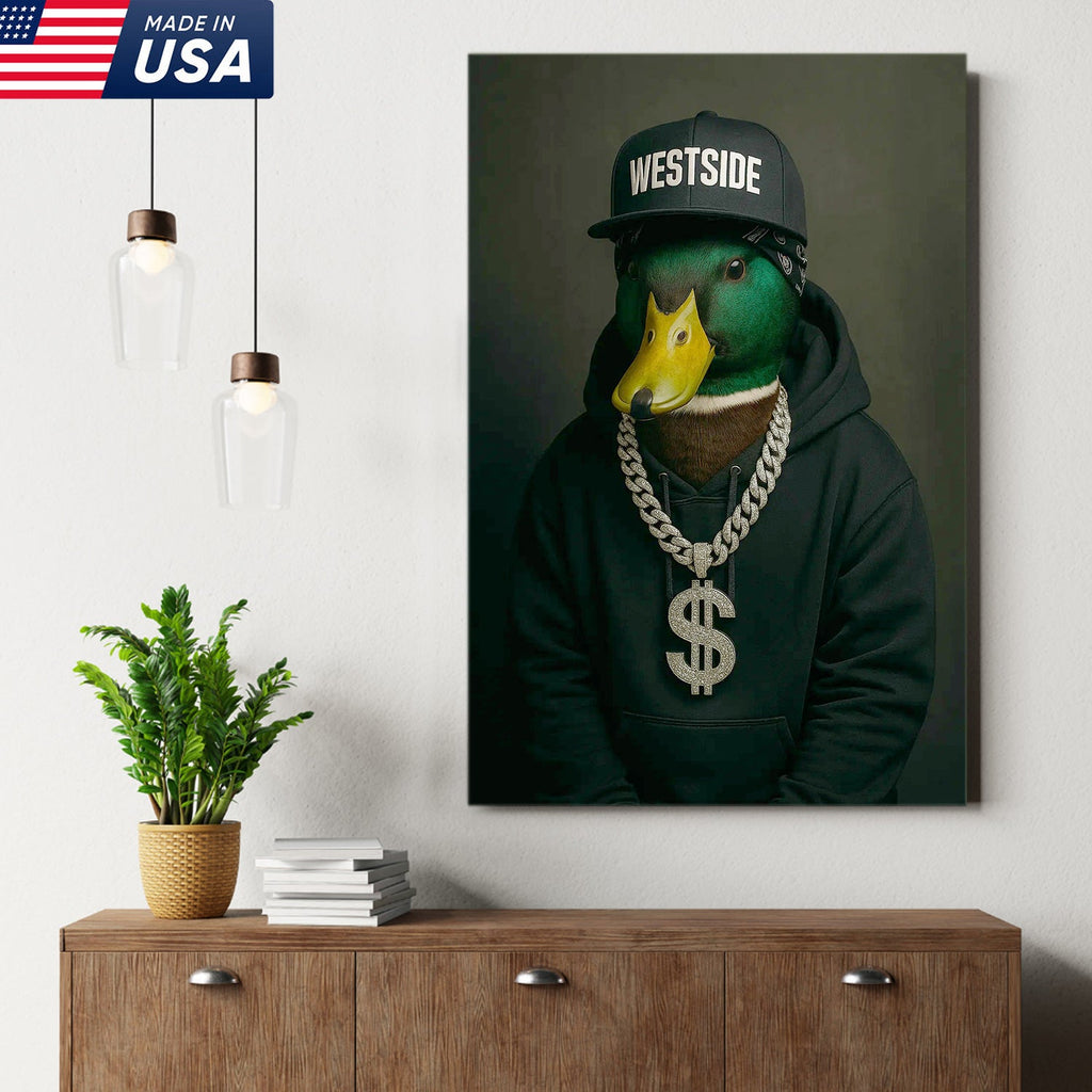 Gangster Duck Canvas Wall Art – Funny Animal Portrait, Hip Hop Duck Decor