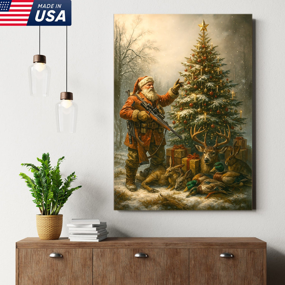 Santa Hunter Christmas Wall Art – Rustic Holiday Canvas for Cabin, Farmhouse & Hunter Decor