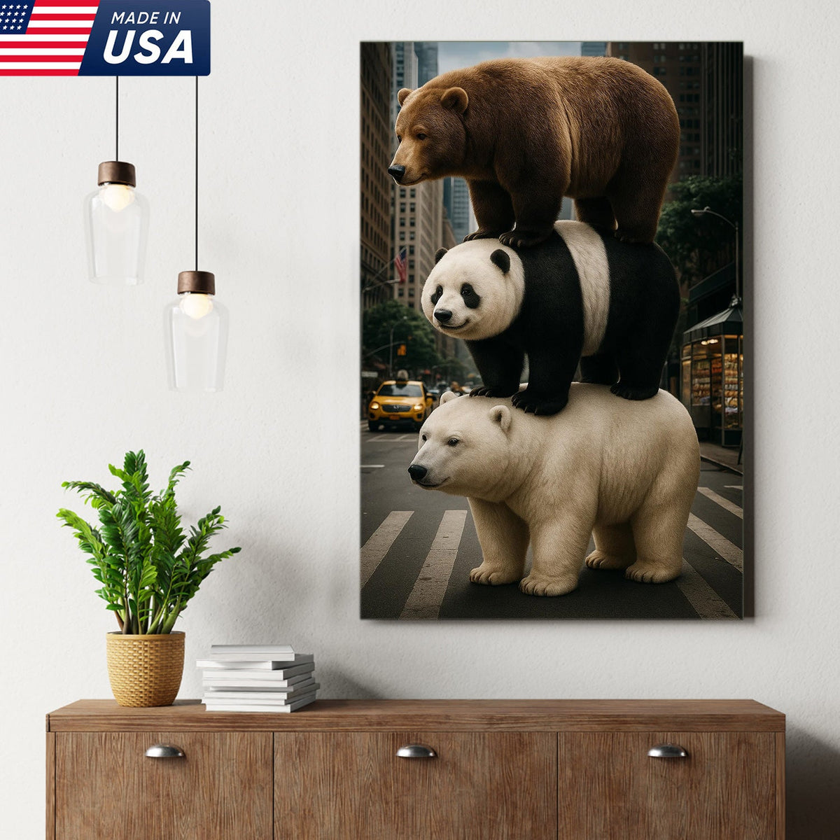 Bear Stack Canvas Wall Art, Cute Polar Panda Brown Bear in City Street Print