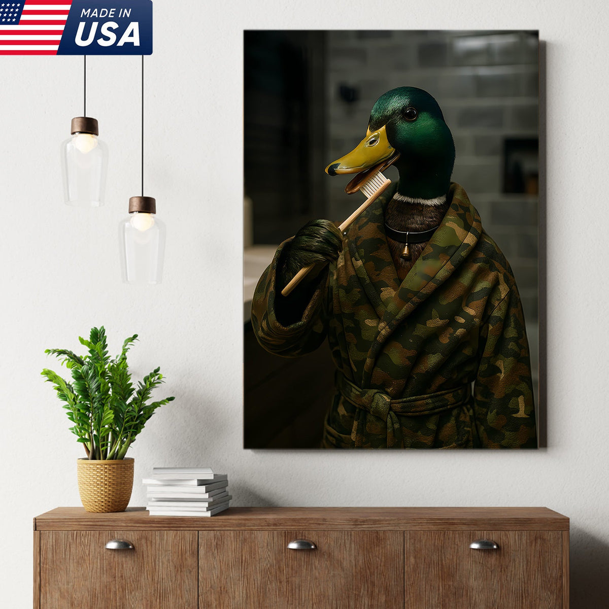Funny Duck Brushing Teeth Canvas – Bathroom Wall Art for Men, Morning Routine Humor Decor