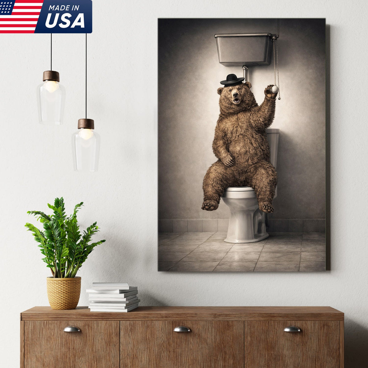 Funny Bear Bathroom Canvas Wall Art – Bear On Toilet Painting