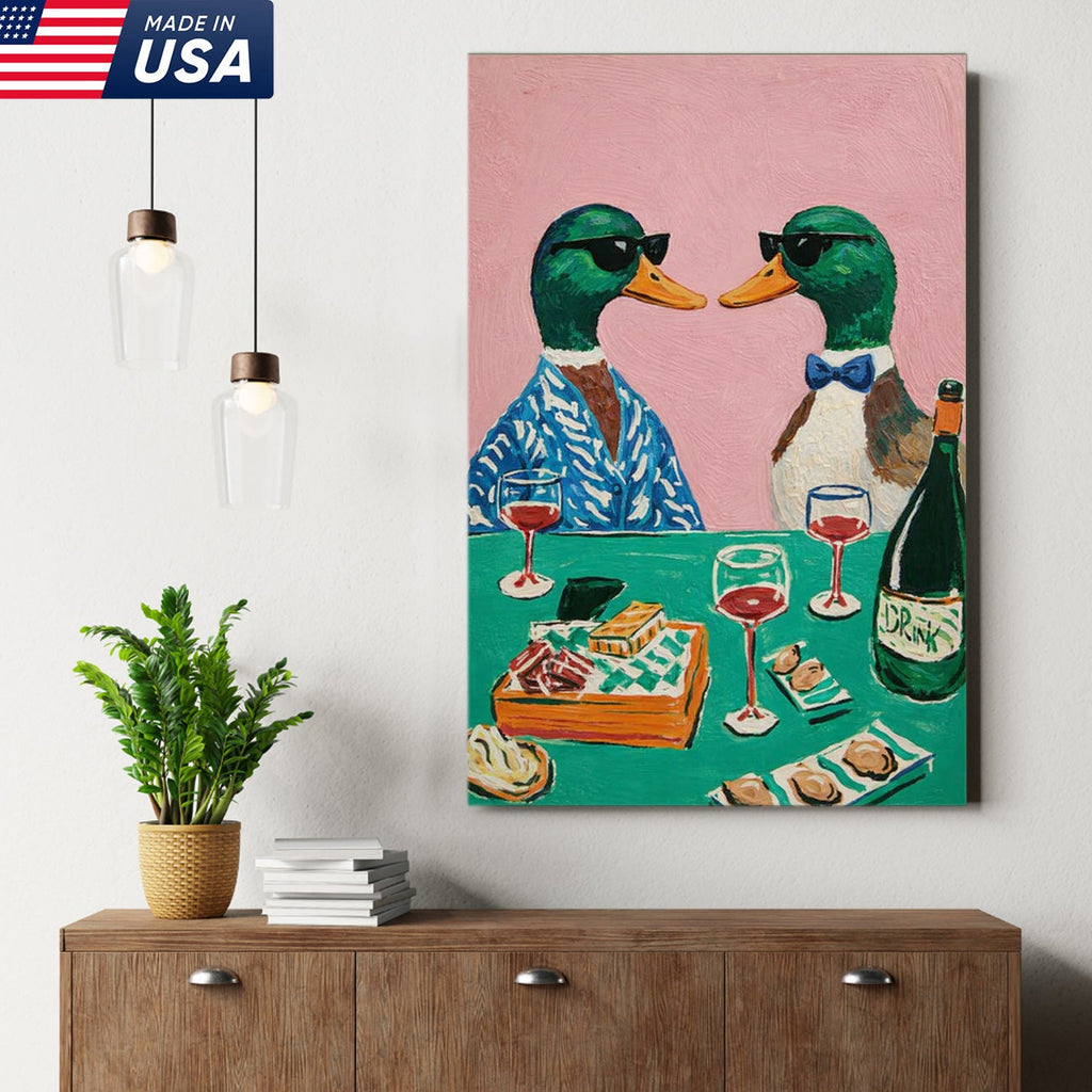 Funny Duck Canvas Wall Art – Classy Ducks Drinking Wine Painting