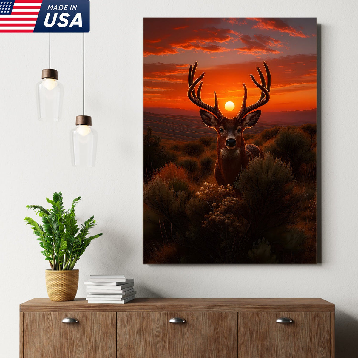 Deer Sunset Canvas Wall Art, Majestic Buck Silhouette in Orange Sky