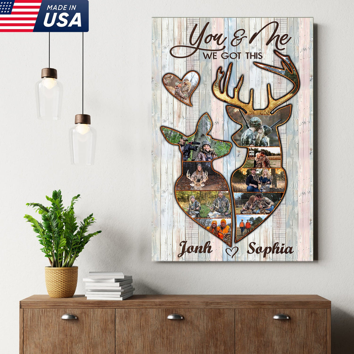 Personalized Deer Couple Hunting Photo Collage Wall Art Canvas - Custom Hunter Gift for Couples