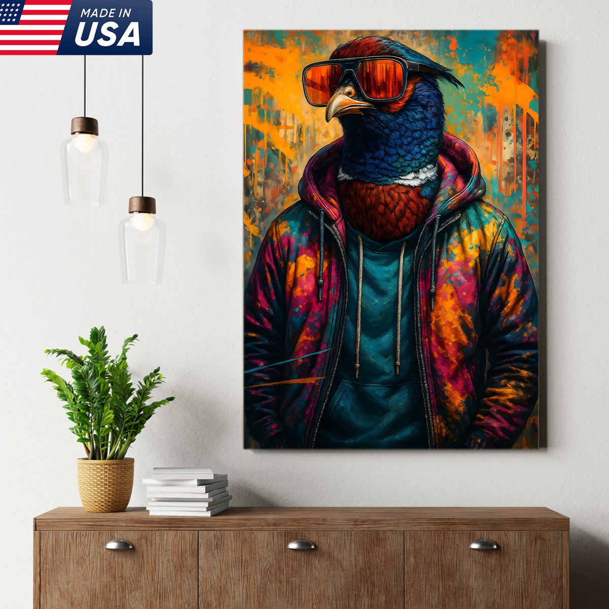 Cool Pheasant Wall Art – Hipster Bird in Hoodie Canvas Print, Urban Street Style Home Decor Gift