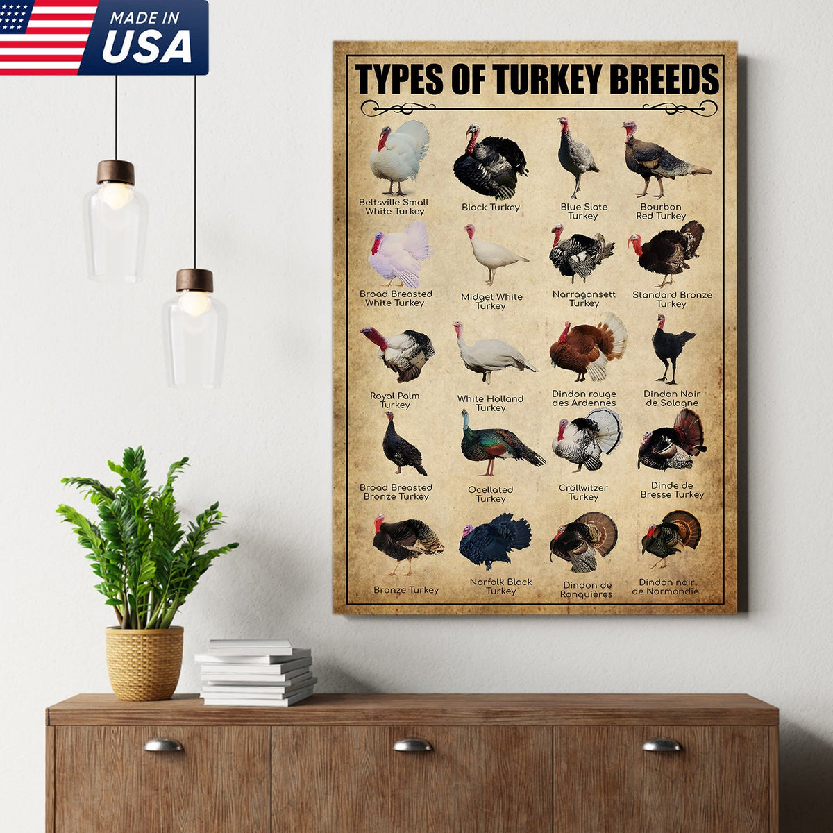 Turkey Breeds Knowlegde Canvas Wall Art – Farmhouse Poultry Guide Print – Rustic Country Decor
