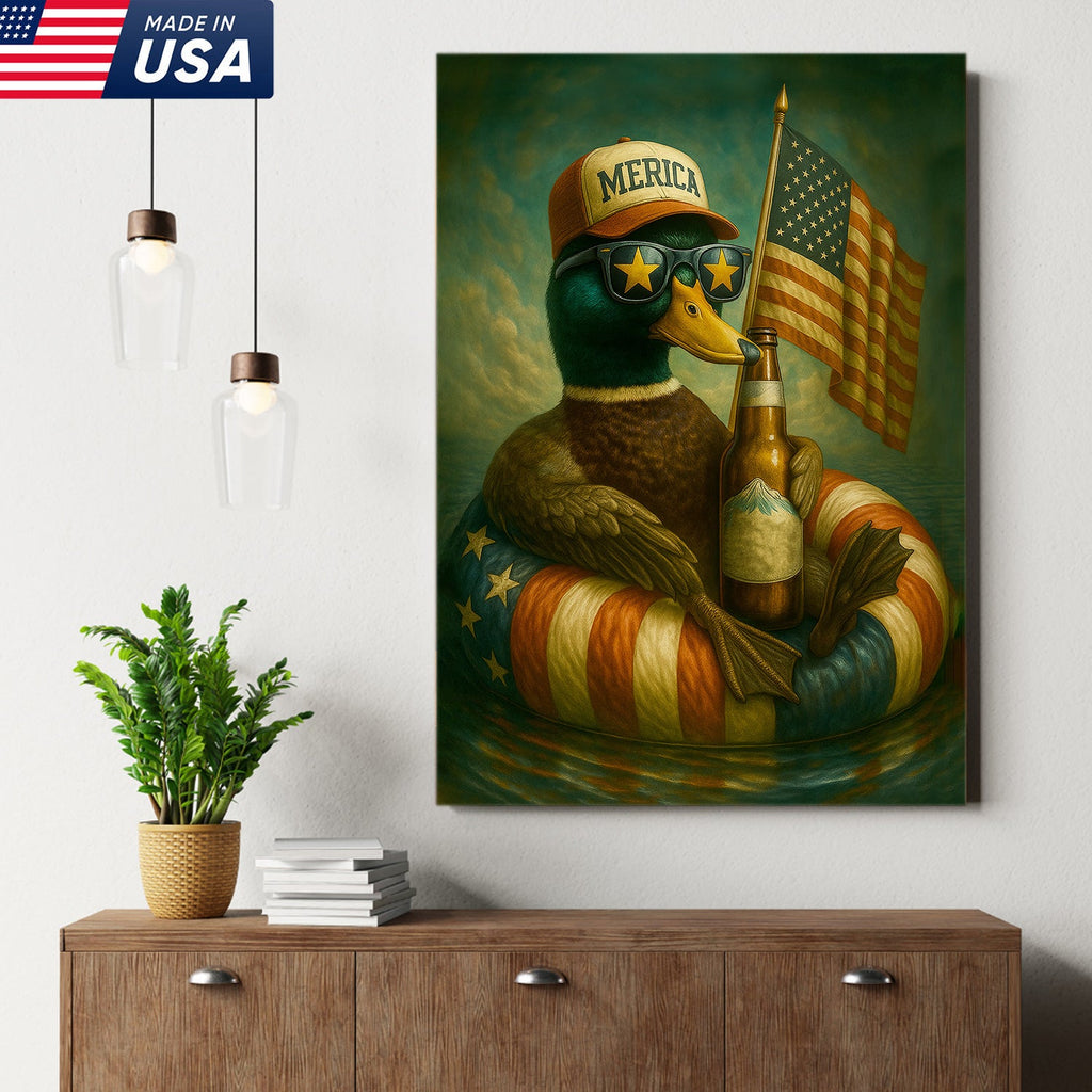 Funny Patriotic Duck Canvas Wall Art – Rustic American Flag Decor Gift for Hunters & Beer Lovers