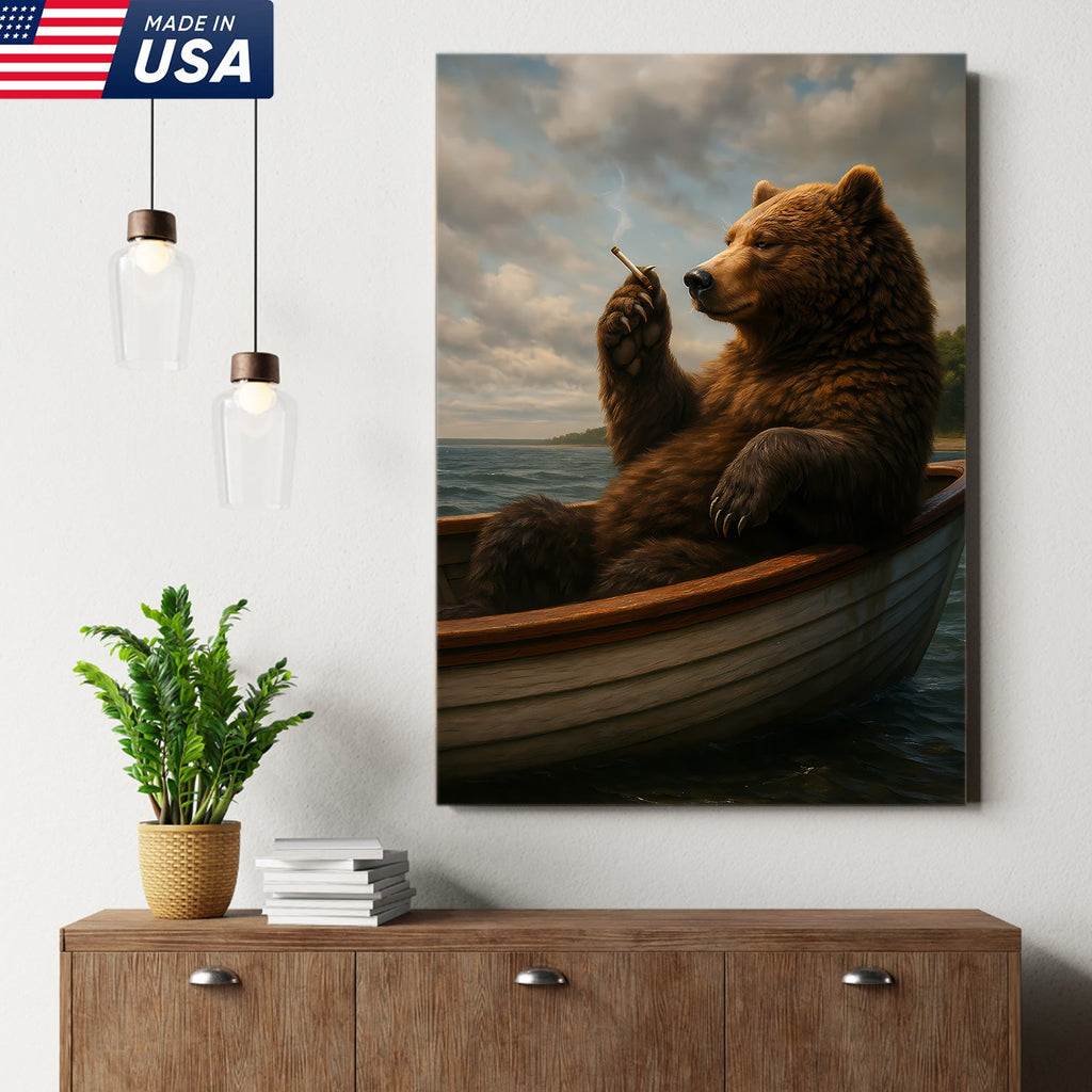 The Chill Bear on the Boat Wall Art Canvas – Funny Relaxed Wall Art for Men