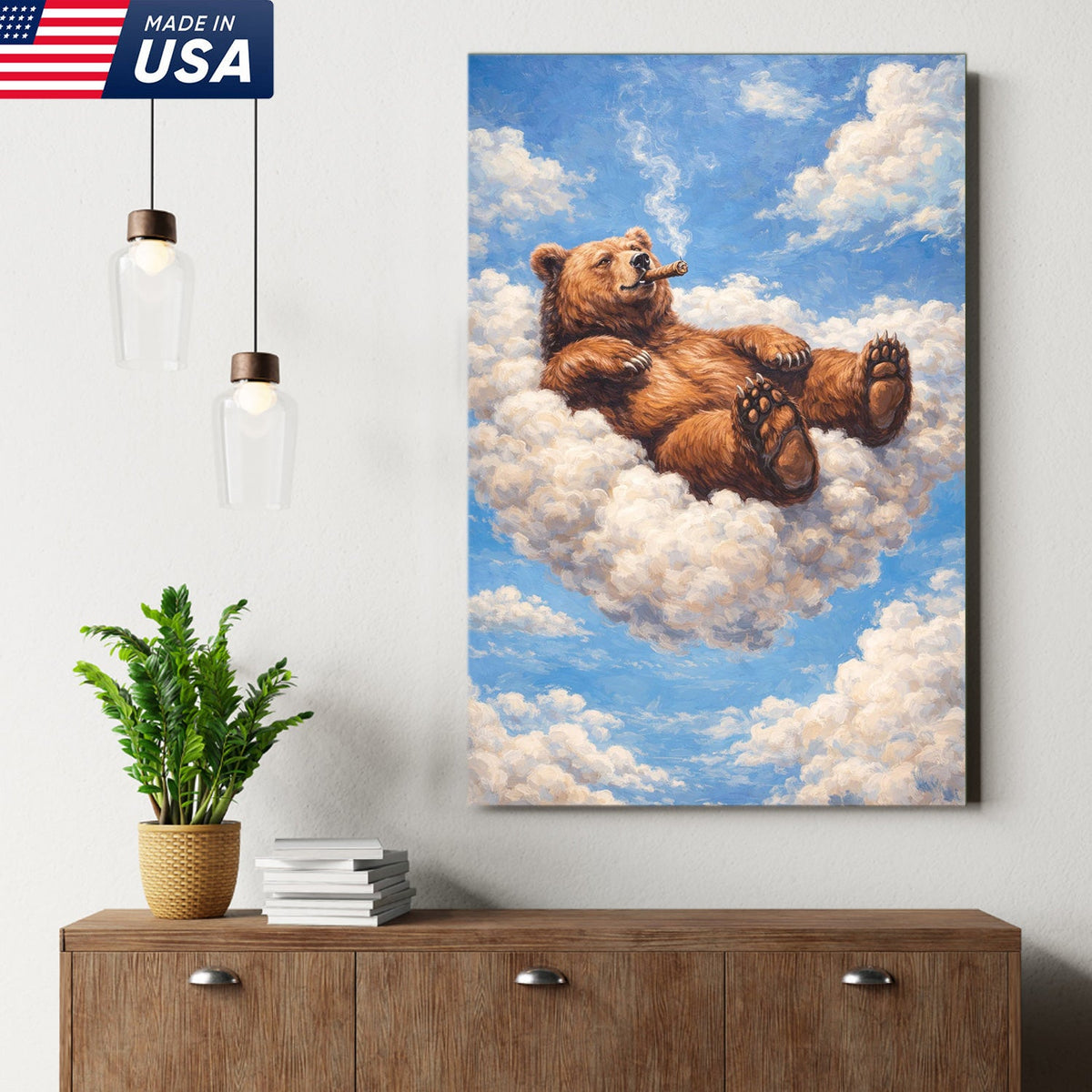 Relaxed Bear on Cloud Canvas Wall Art, Whimsical Animal Fantasy Illustration