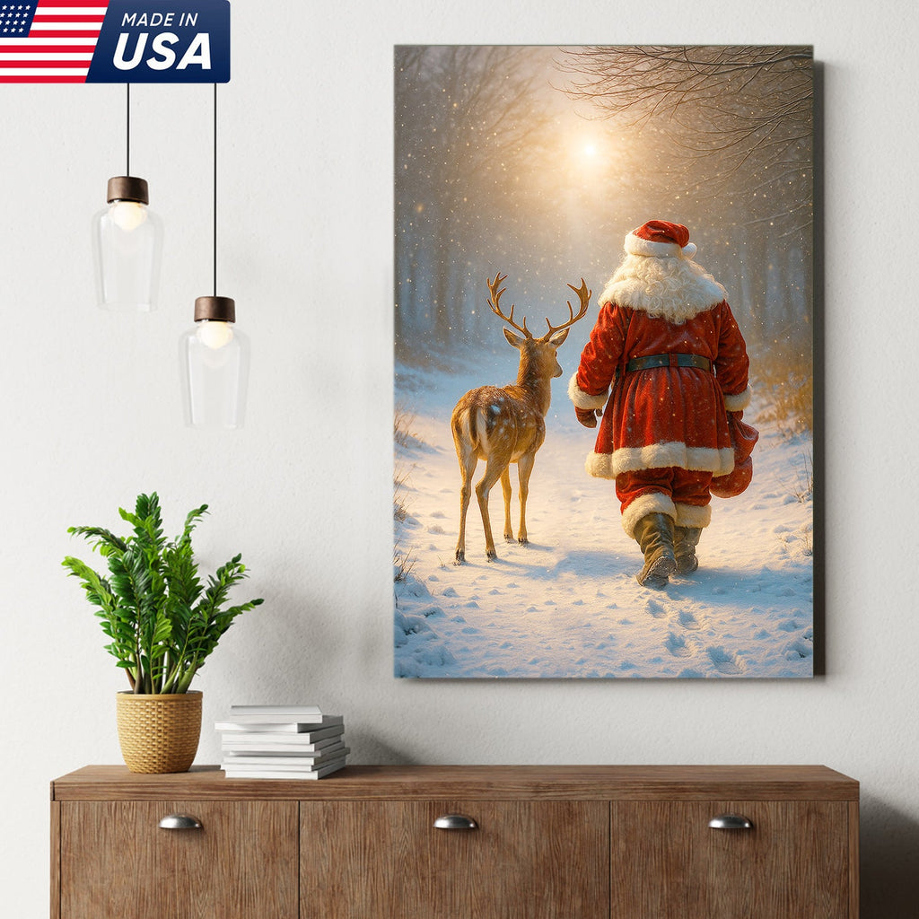 Santa and Deer Christmas Canvas Wall Art – Cozy Winter Forest Decor, Holiday Gifts for Home Lovers