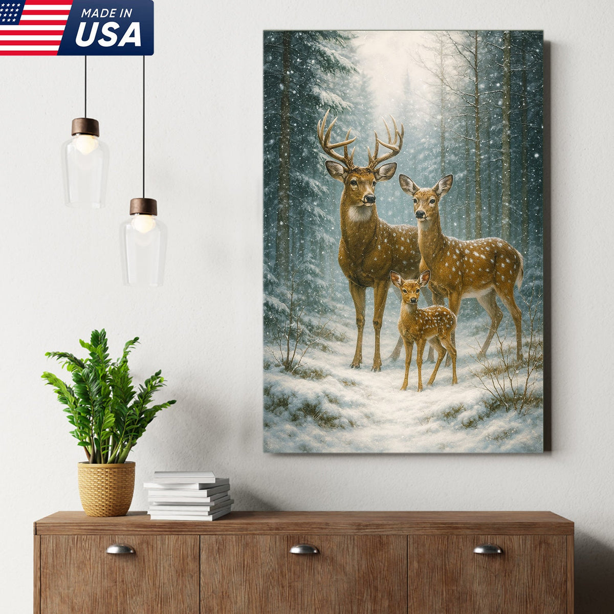 Deer Family Winter Forest Wall Art Canvas – Christmas Wildlife Gift for Nature Lovers & Cabin Homes