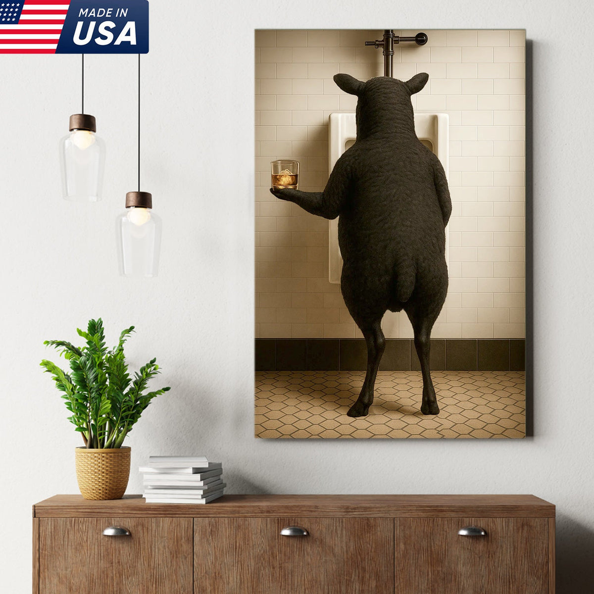 Funny Black Sheep Bathroom Wall Art, Drinking Sheep Humor Canvas Print