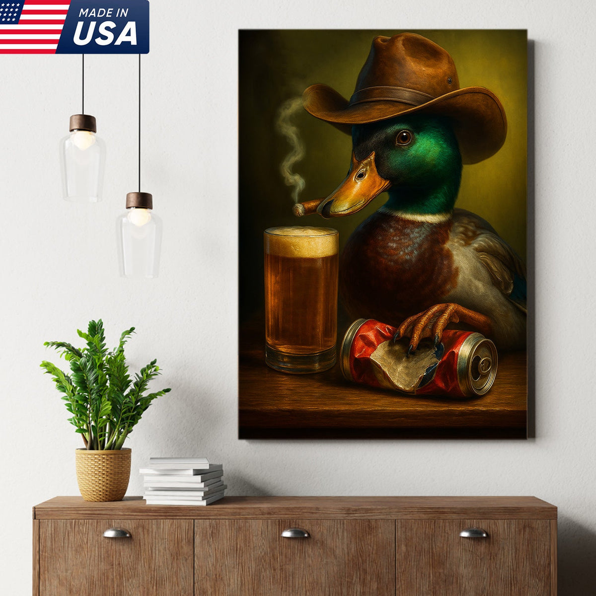 Duck Cowboy Canvas Wall Art – Funny Rustic Beer Decor for Waterfowl Hunters & Cabins