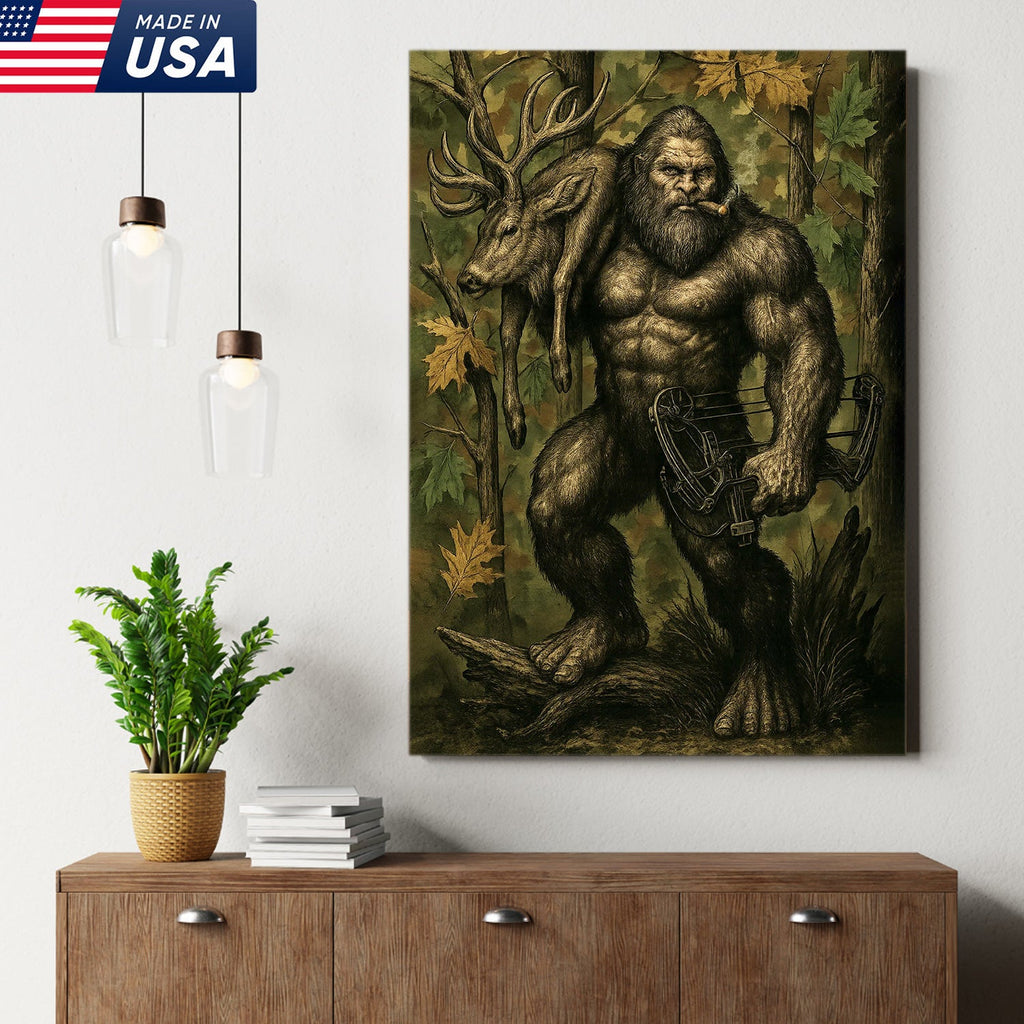 Bigfoot Hunter Canvas Wall Art, Mythical Sasquatch Bowhunting Deer Artwork