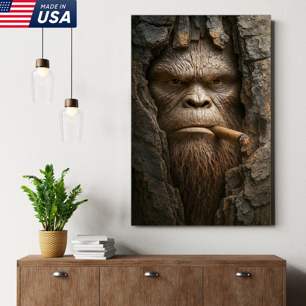 Bigfoot in the Woods Canvas Wall Art, Funny Sasquatch Portrait Artwork, Rustic Cabin Decor for Men