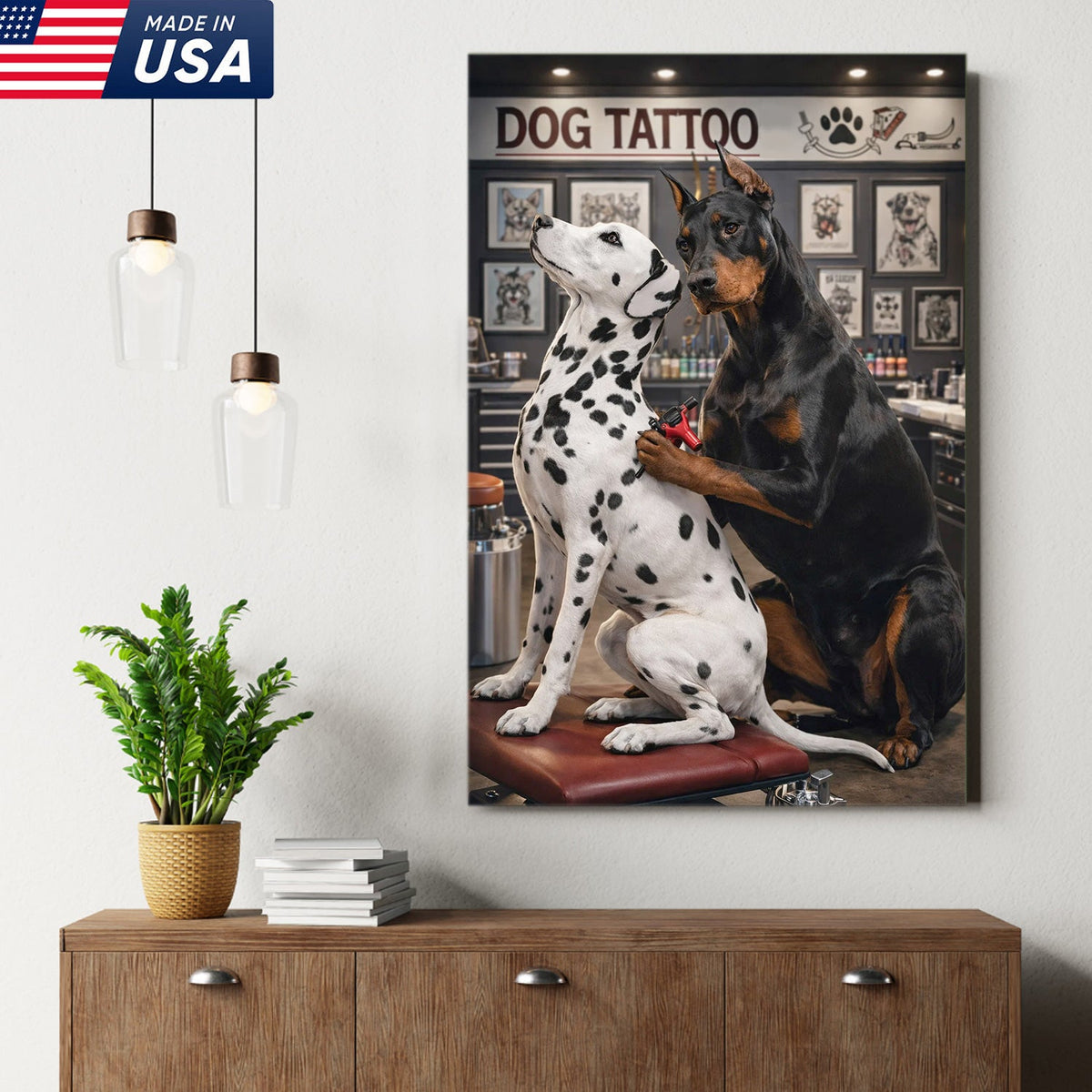 Funny Dog Tattoo Studio Canvas Wall Art, Doberman Tattoo Artist with Dalmatian Client