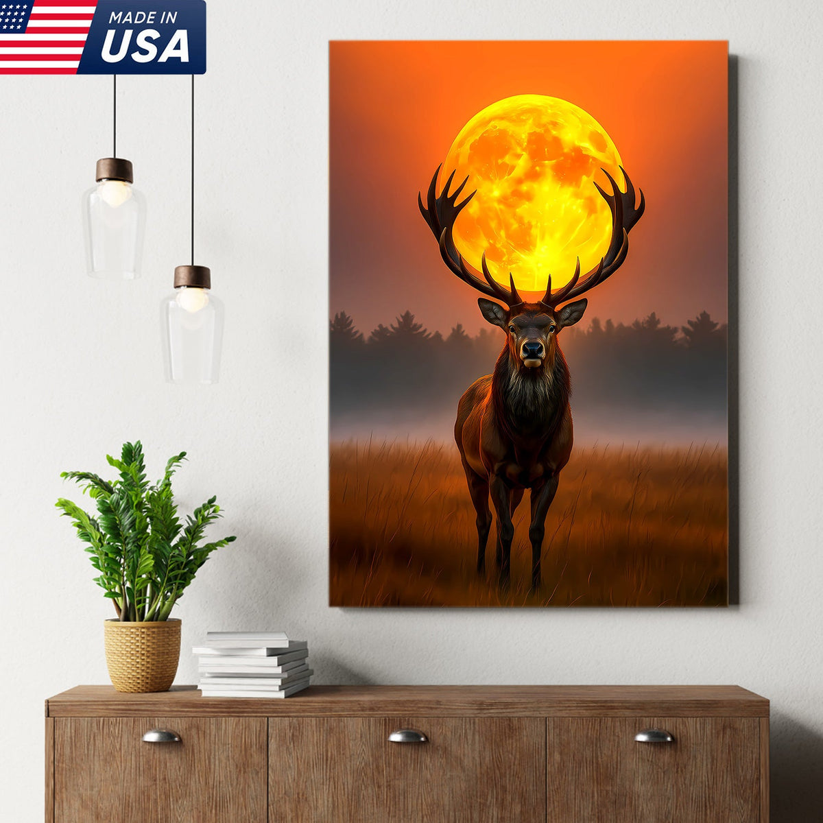 Majestic Elk Full Moon Canvas Wall Art – Hunting Cabin Decor Gift for Hunters