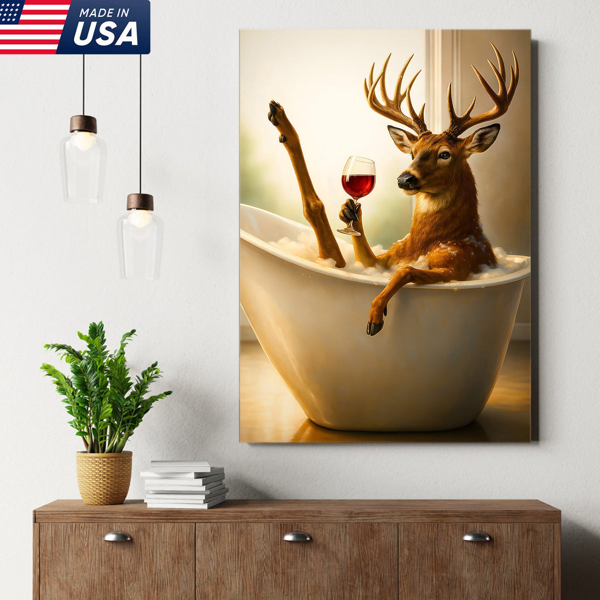 Relaxing Deer in Bathtub Funny Wall Art – Unique Gift for Hunters, Rustic Cabin Decor Canvas