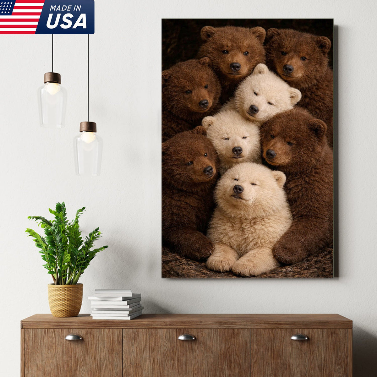 Cute Bear Cubs Canvas Wall Art, Brown and White Bear Family Portrait
