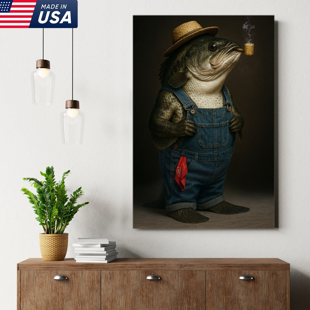 Funny Fisherman Bass Canvas, Rustic Fishing Wall Art, Humorous Country Fish Lover Decor