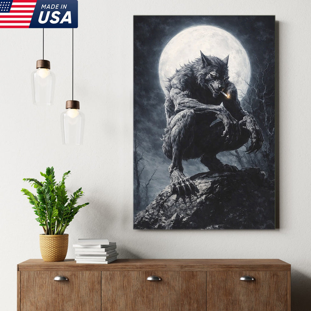 Dark Werewolf Moon Canvas Wall Art, Gothic Fantasy Wolf Illustration