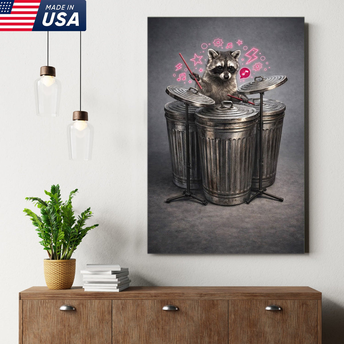 Funny Drummer Raccoon Wall Art Canvas Print, Music Lover Animal Illustration