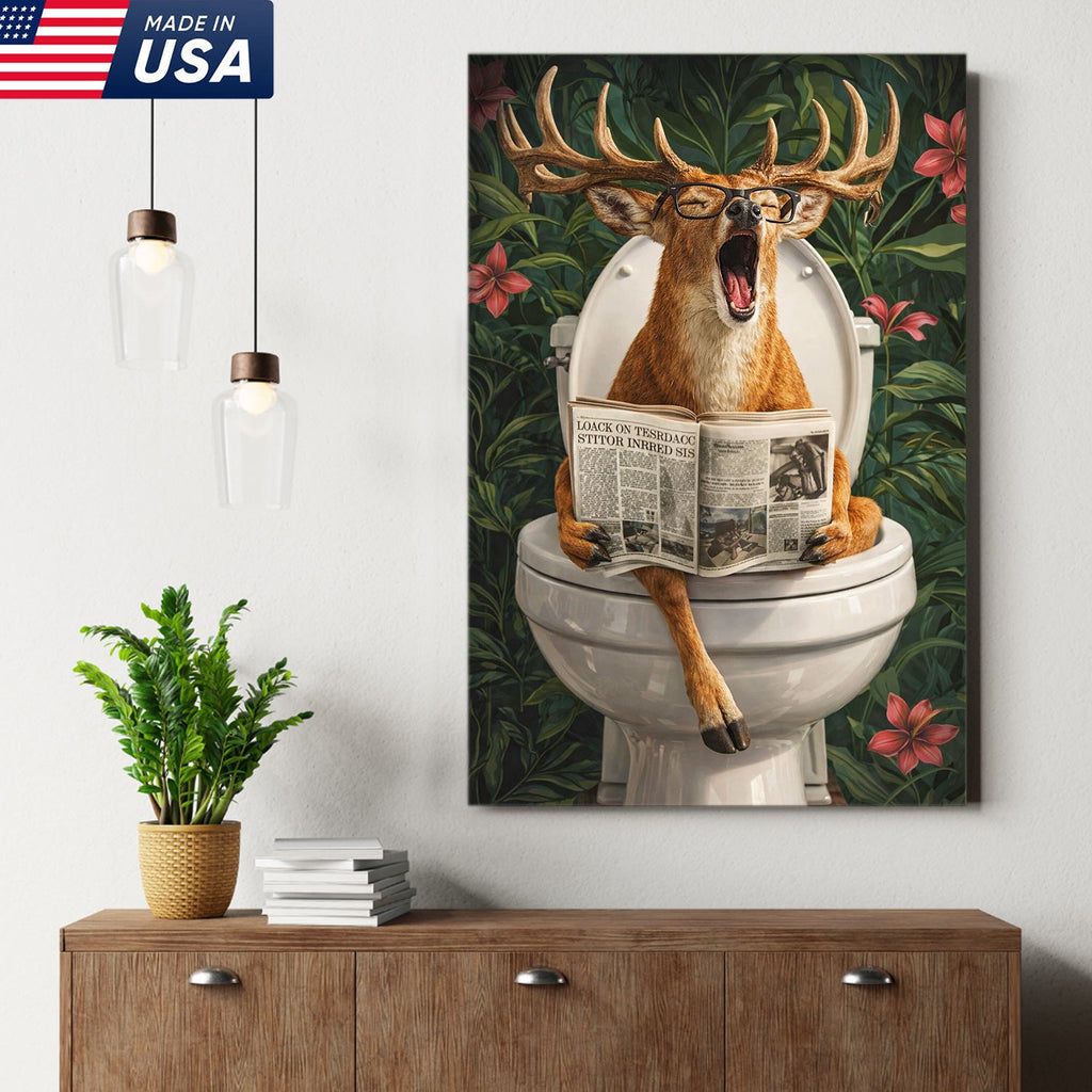 Funny Deer Toilet Canvas Wall Art – Humorous Animal Bathroom Decor with Newspaper