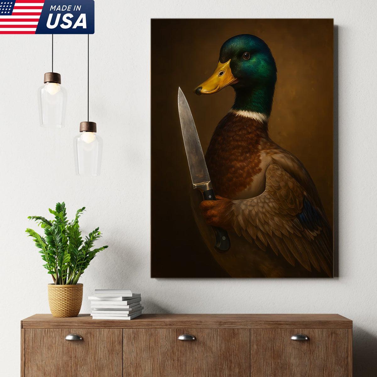 Funny Duck With Knife Wall Art – Mallard Portrait Painting, Dark Humor Animal Canvas