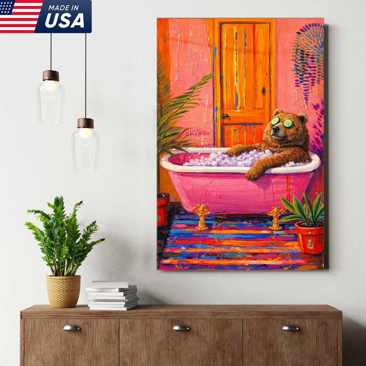 Funny Bear Bath Canvas Wall Art – Colorful Animal Bathroom Decor