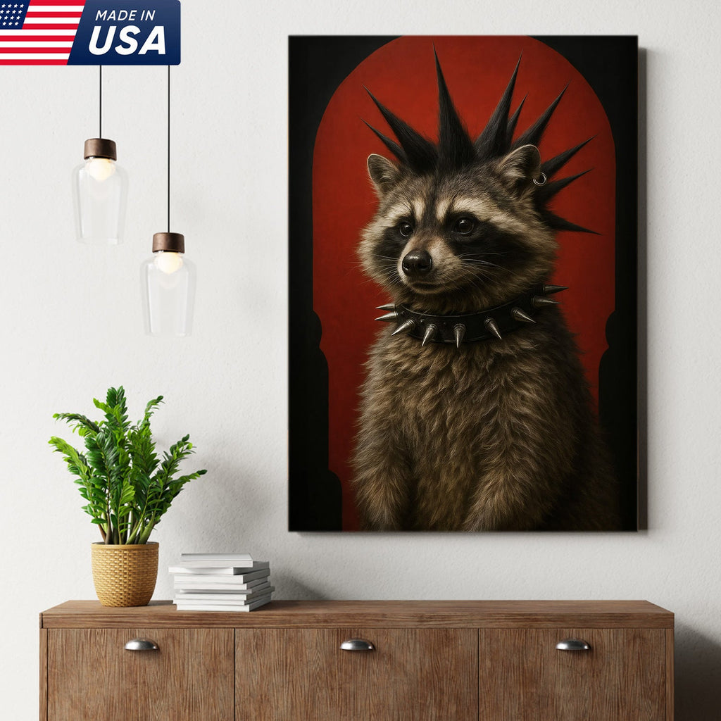 Punk Raccoon Canvas Wall Art, Spiked Mohawk Animal Portrait, Gothic Aesthetic Room Decor