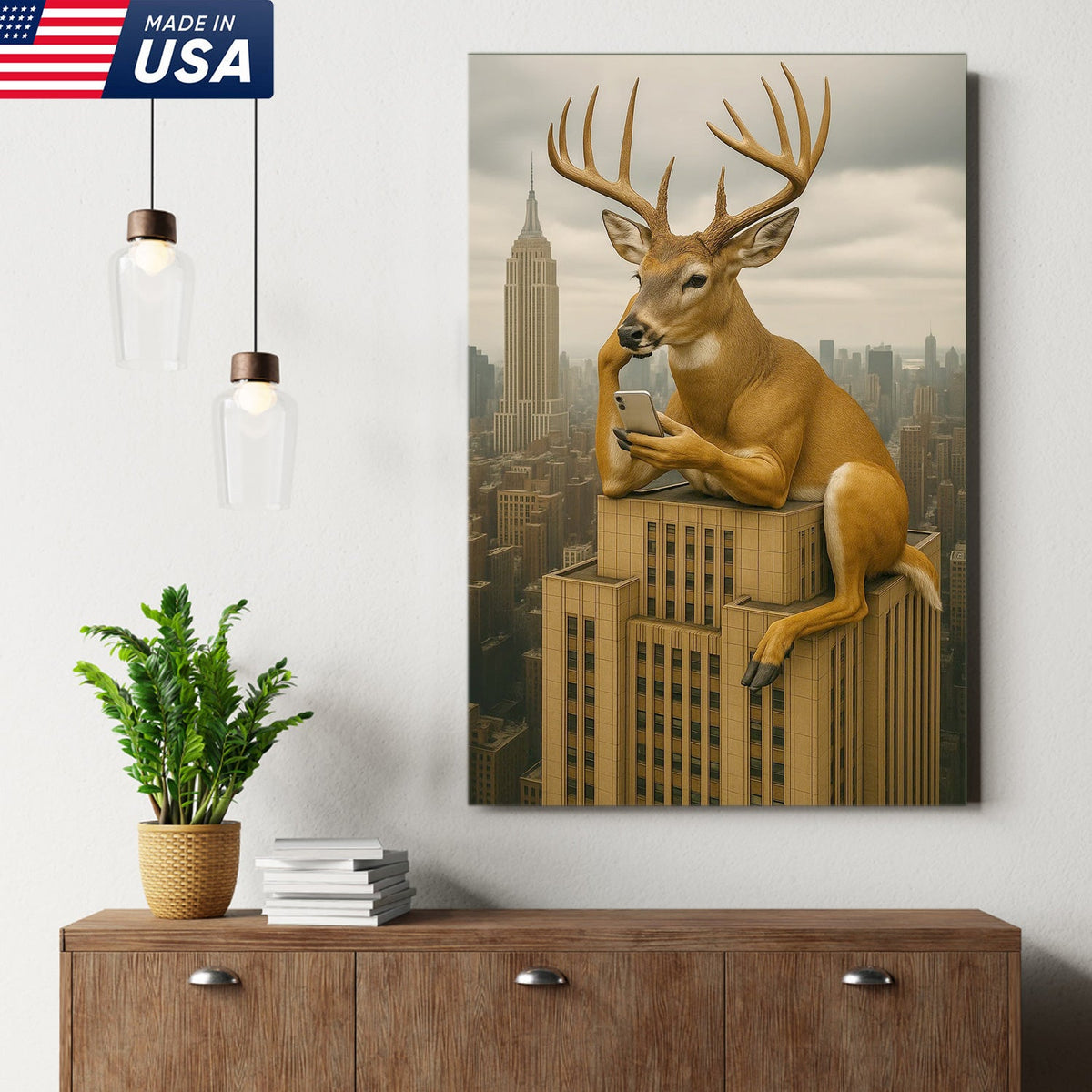 Funny Deer City Canvas Wall Art — Whitetail Buck on Skyscraper Using Phone, Surreal Urban Wildlife Artwork