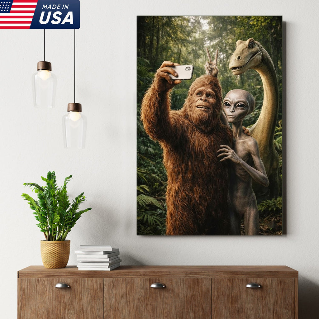 Funny Bigfoot Alien Dinosaur Selfie Canvas Wall Art, Whimsical Fantasy Creature Humor Print