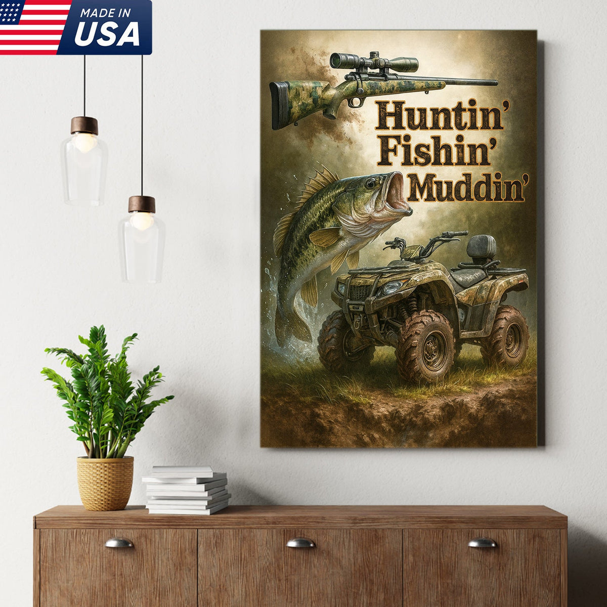 Huntin’ Fishin’ Muddin’ Canvas Wall Art, Deer Hunting and Fishing Decor for Men, Rustic ATV Cabin Artwork